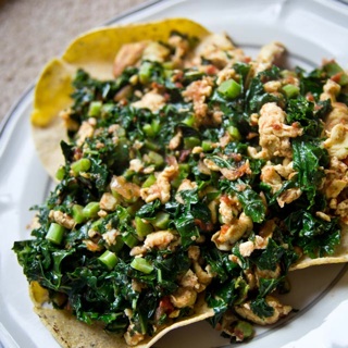 kale, egg, salsa on bed of tortillas